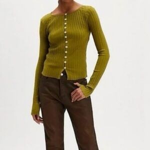 NWT! Free People Tilly Long Sleeve Cardi Green Ribbed Form Fitting Buttons XL